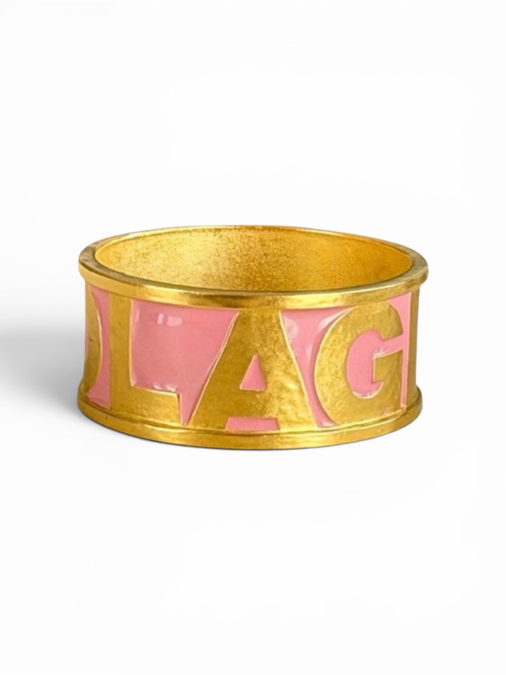 Karl Lagerfeld 80s Vintage Pink Enamel Gold Logo Letters Bangle Bracelet 8” - Picture 1 of 17